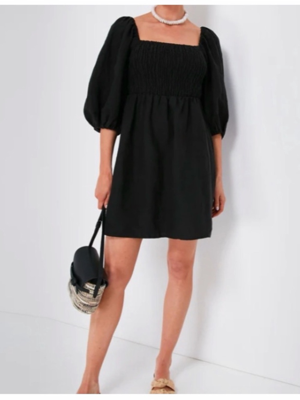 Tuckernuck Black Smocked Puff-Sleeve Mini Dress